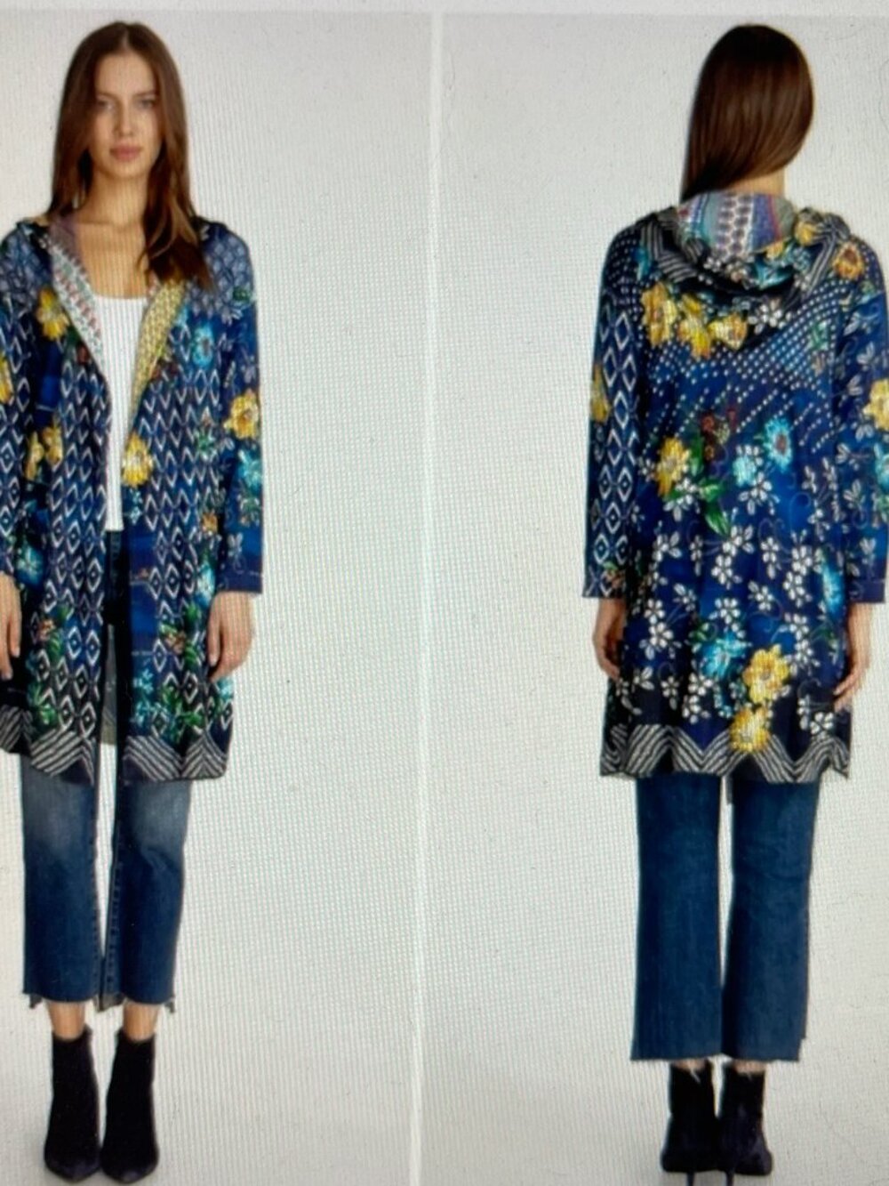 JOHNNY WAS "Ciaga" Hooded Cardigan/Duster with Mixed Floral Print; SMALL; NWOT!!